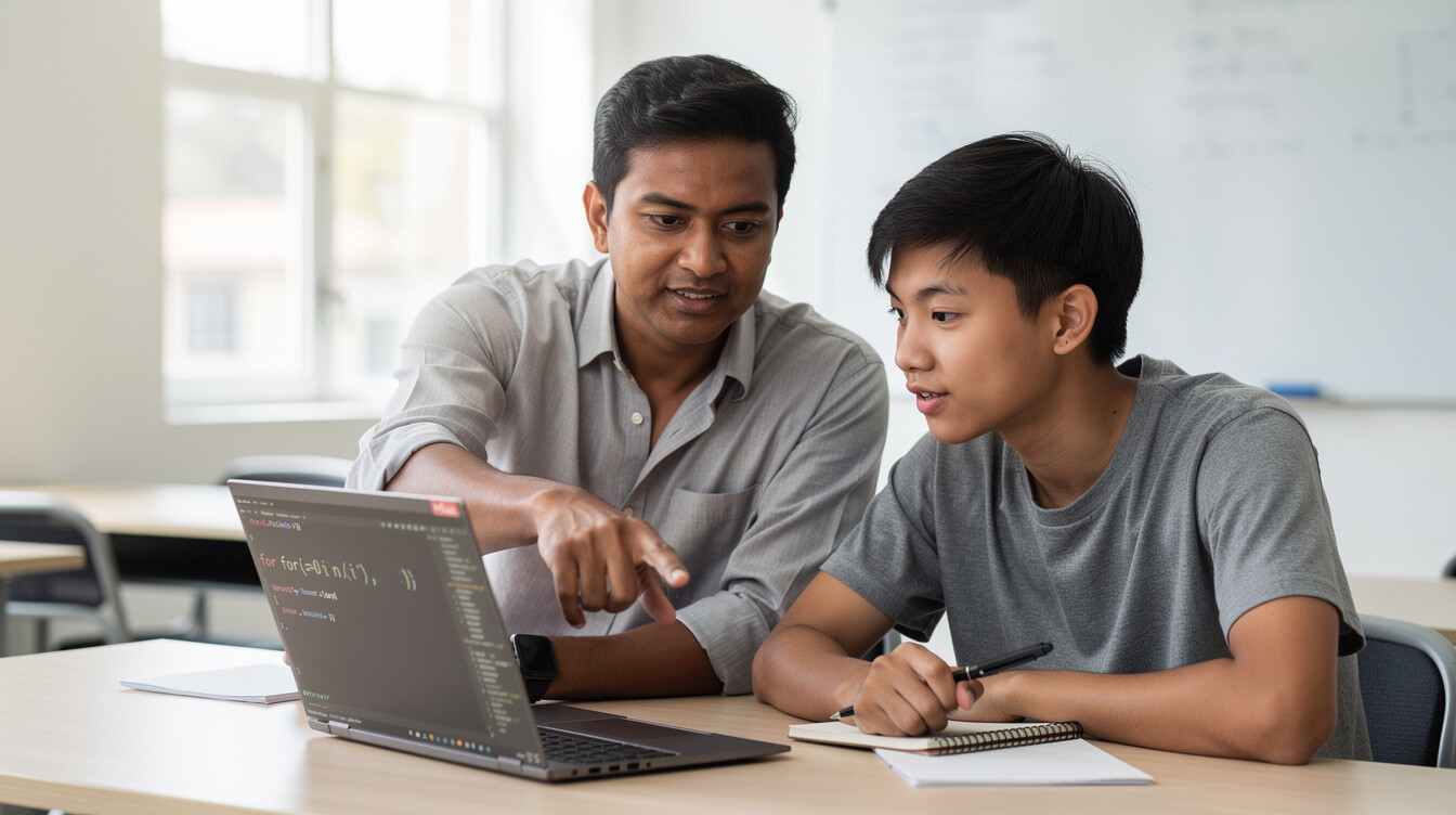 Mentor reviewing code with a student on a laptop screen