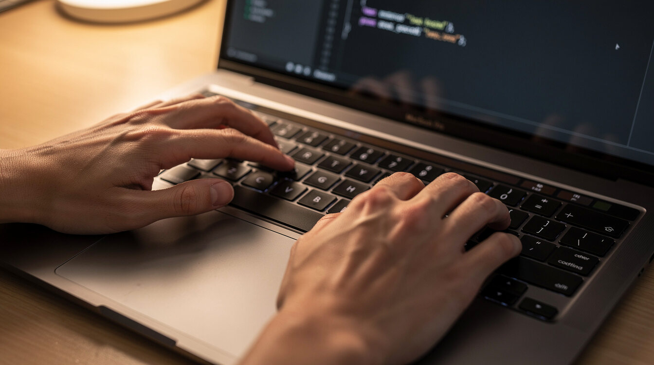 Close up of hands typing code on a laptop keyboard