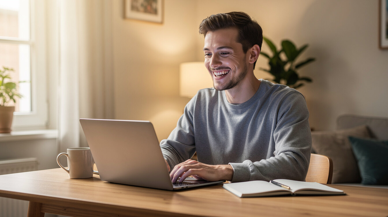 happy person coding on laptop