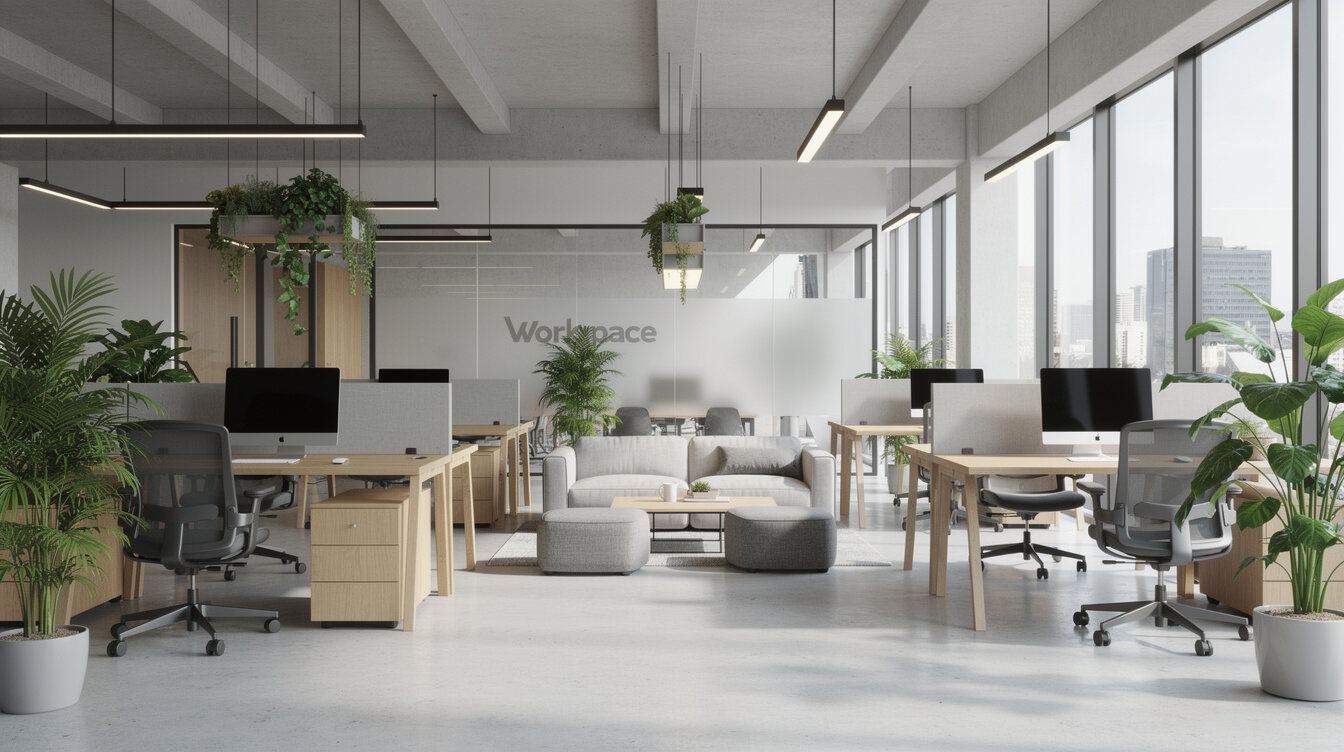Modern open-plan office interior with collaborative work areas