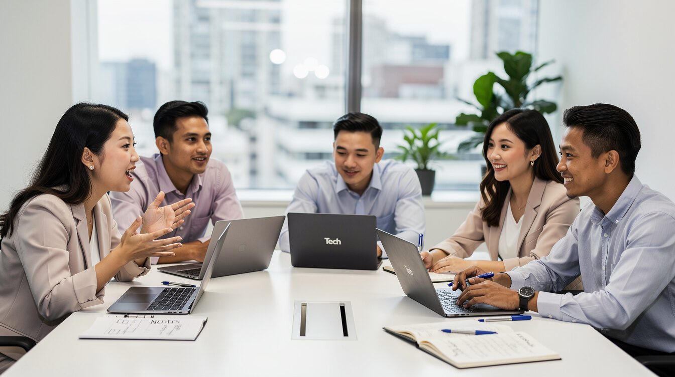 Diverse team collaborating around a table with laptops